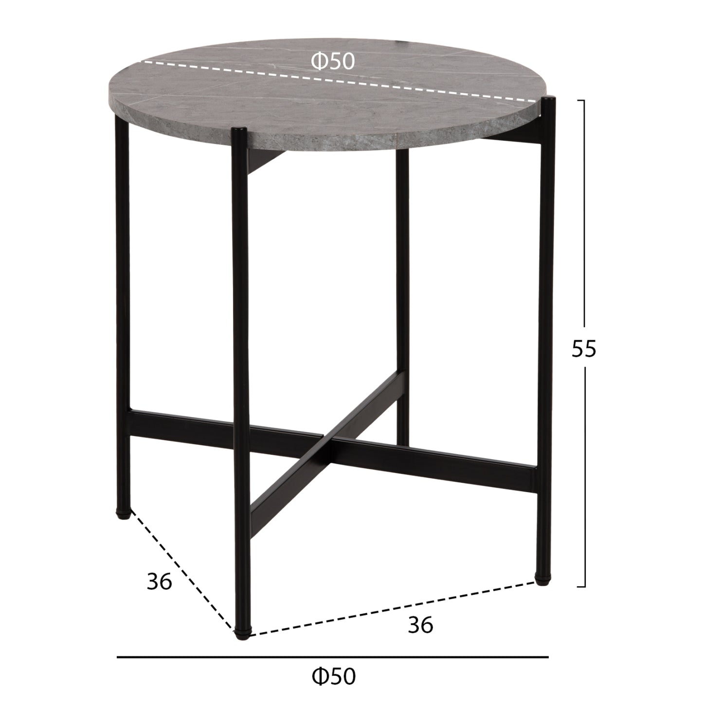 Странична маса MDF Сив Мрамор и Черна Метална Основa Φ50x55Hcm