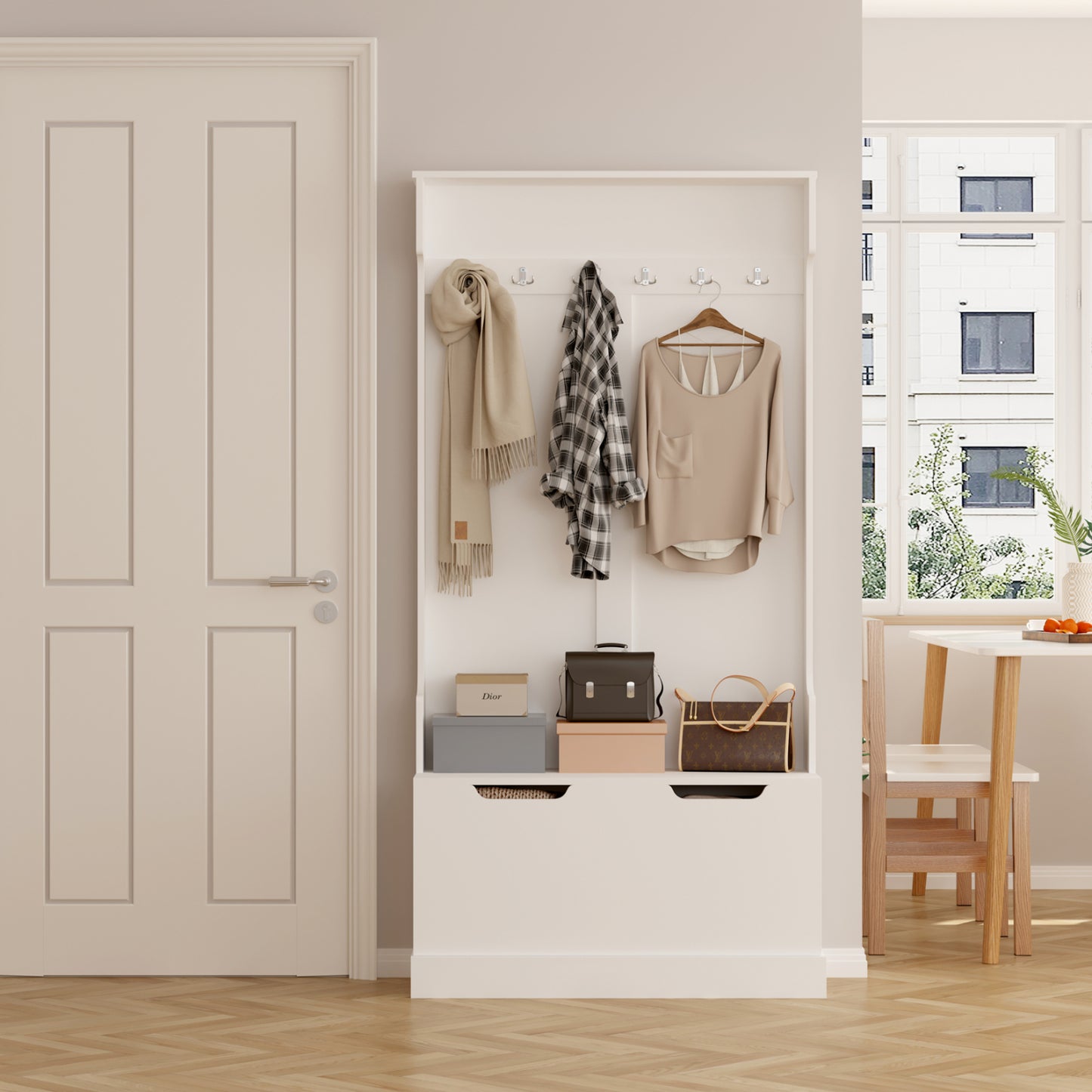 ENTRYWAY FURNITURE KAYLOR HM2475.03 WITH HOOKS&STORAGE SPACE-MDF IN WHITE 93x34x180Hcm.