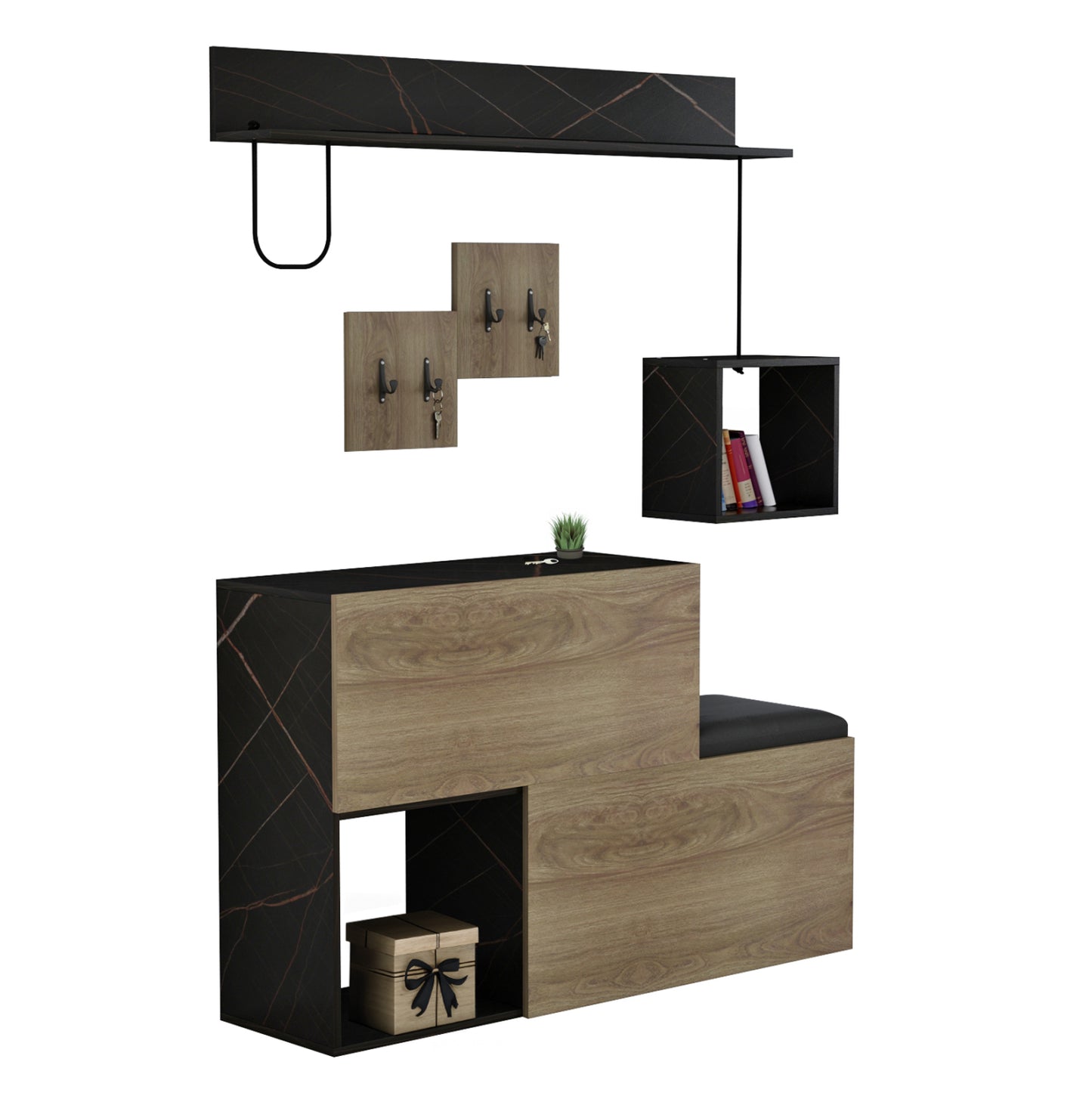 ENTRYWAY FURNITURE SET CERB HM8957.12 MELAMINE IN NATURAL-BLACK MARBLE 120x20x72Hcm. image 1