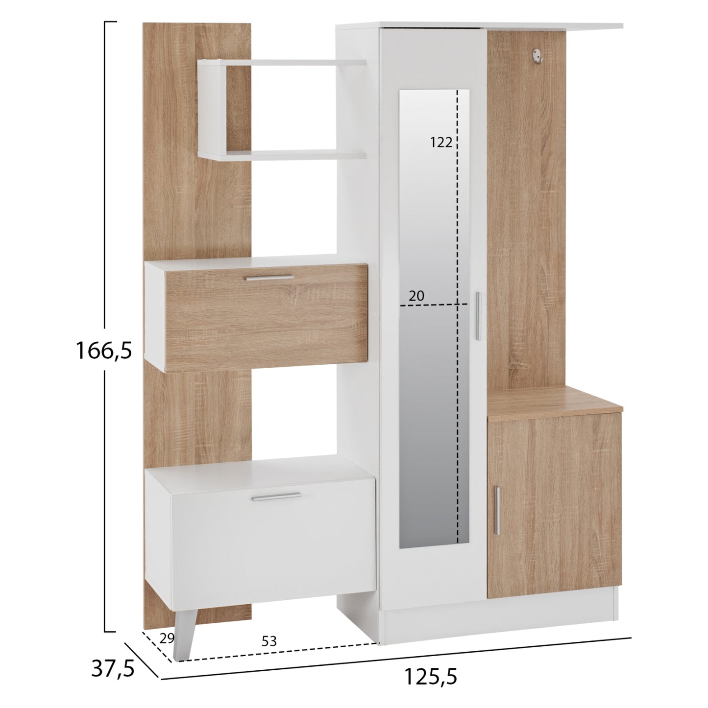 ENTRANCE FURNITURE WITH SHELVES AND MIRROR HM2265 WHITE-SONAMA 125,5x37,5x166,5cm