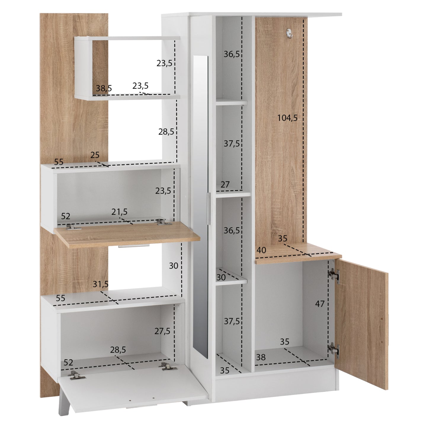 ENTRANCE FURNITURE WITH SHELVES AND MIRROR HM2265 WHITE-SONAMA 125,5x37,5x166,5cm