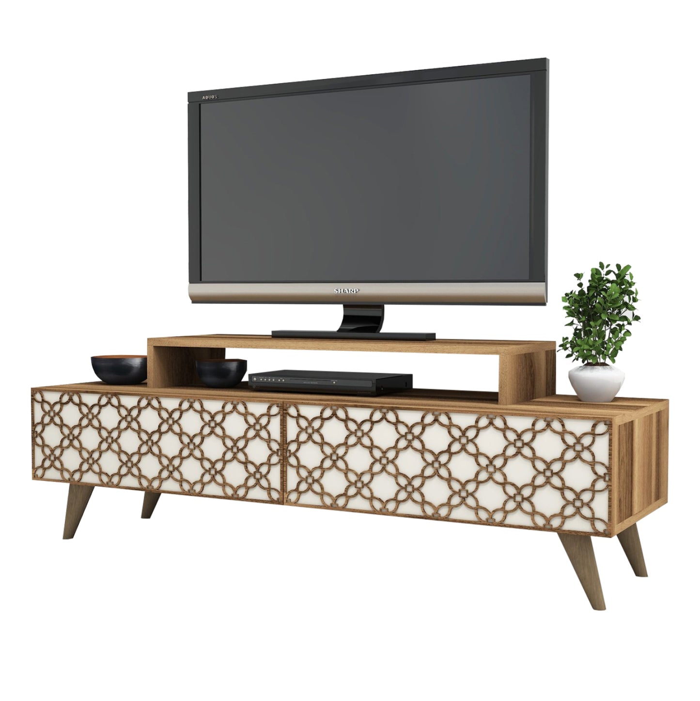 TV STAND MELAMINE HM9510.03 IN WALNUT AND CREAM COLOR 140x41.8x48.8Hcm. image 1
