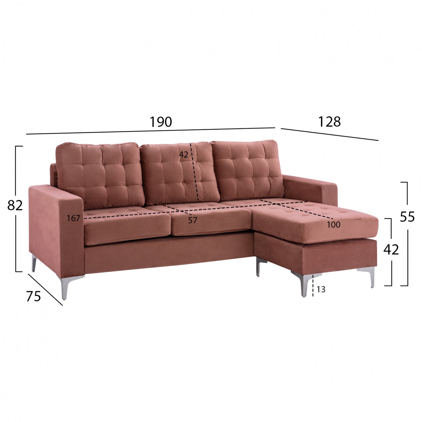 Обратим Ъглов Диван Сантинов В Прасковен Цвят 190x75-128x82Υcm
