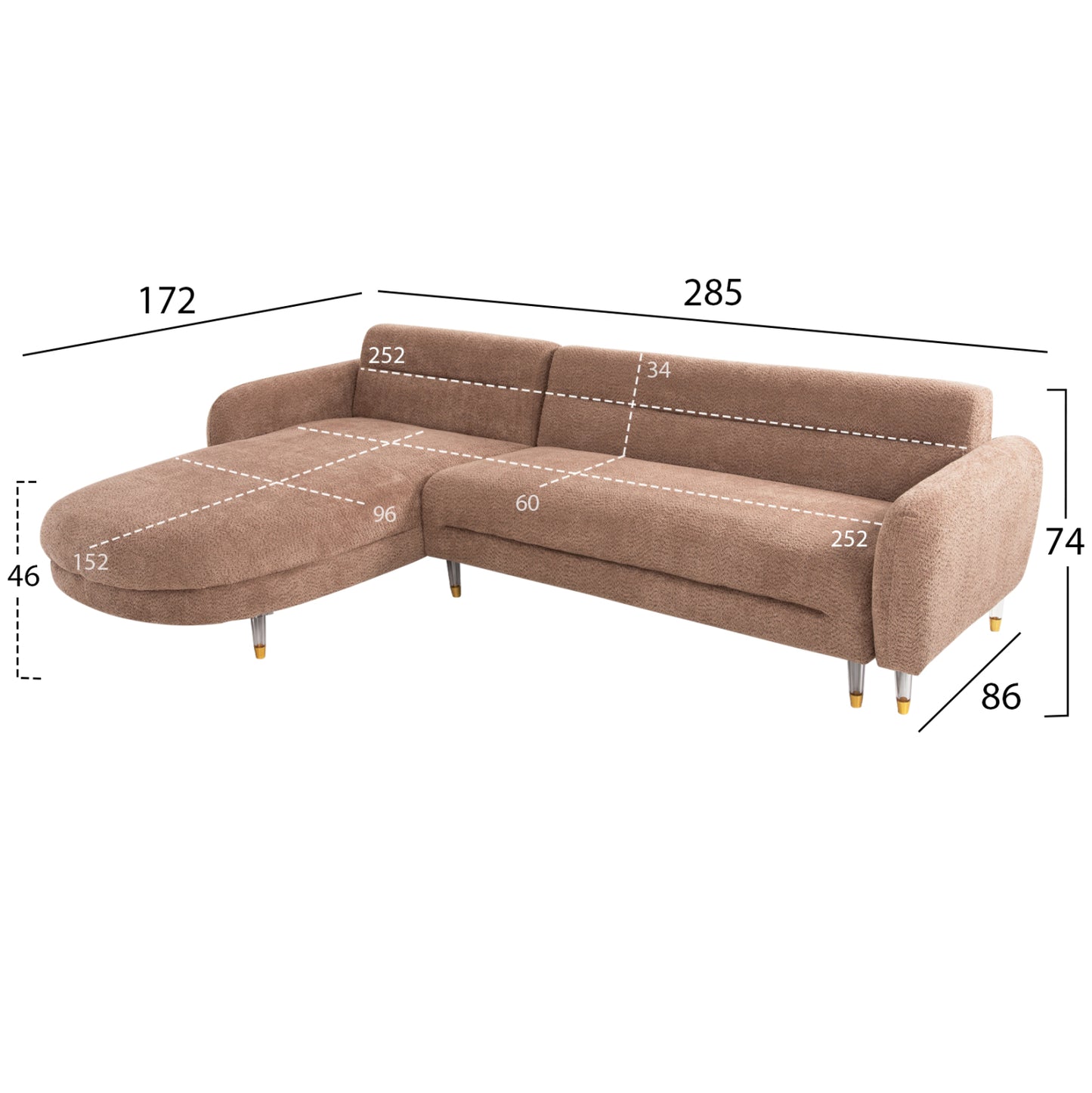 Обратим ъглов диван Flyer с висок метален крак 285x86-172x74Hcm