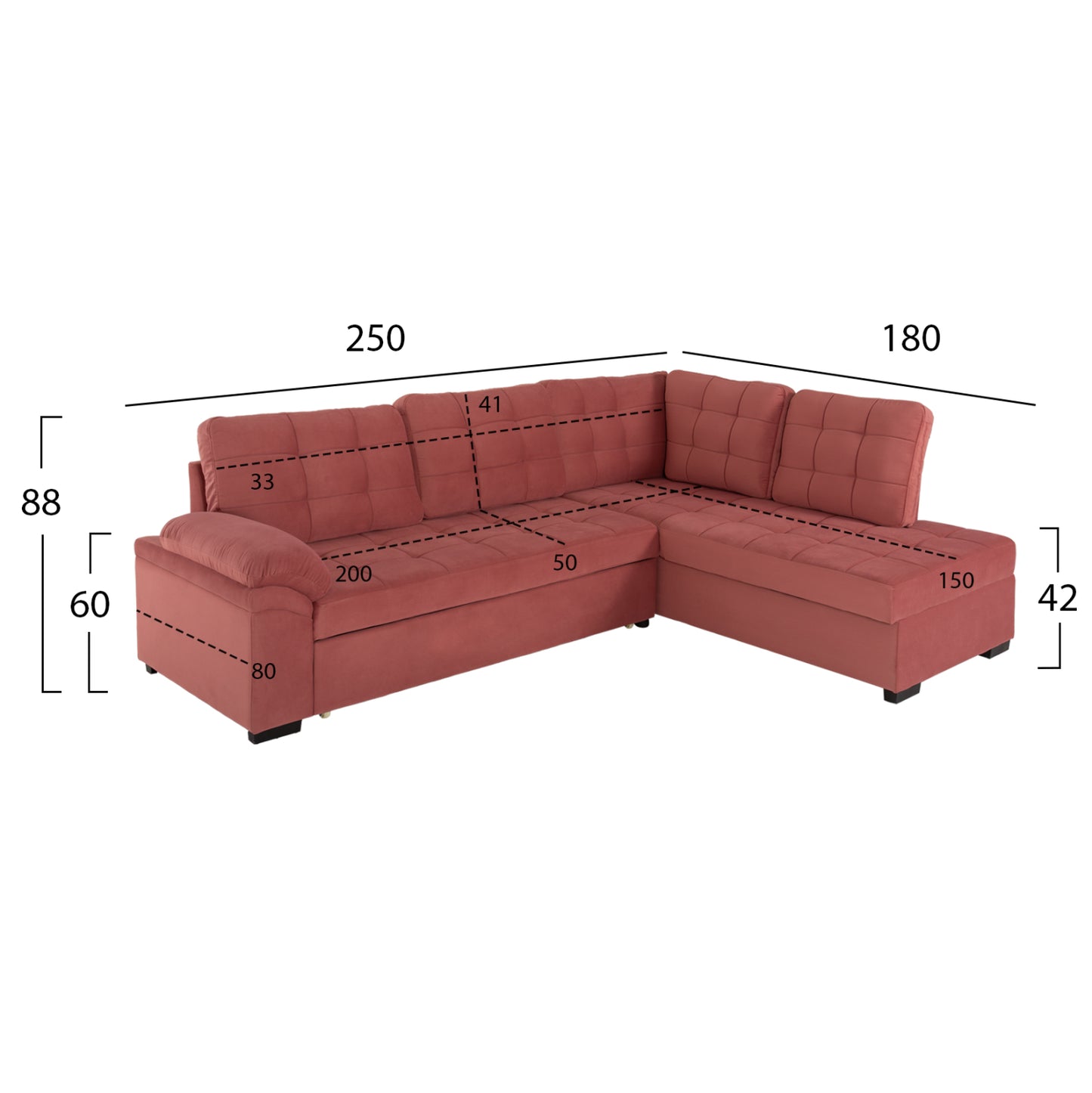 Софа-легло с Десен ъгъл в Розов Велур 250x80-180x73-88Hcm