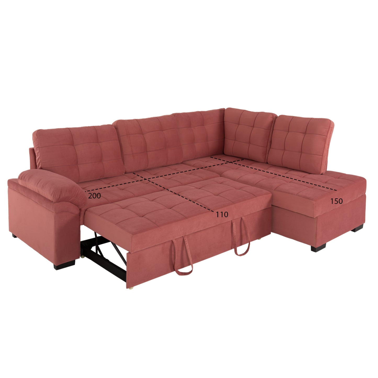 Софа-легло с Десен ъгъл в Розов Велур 250x80-180x73-88Hcm