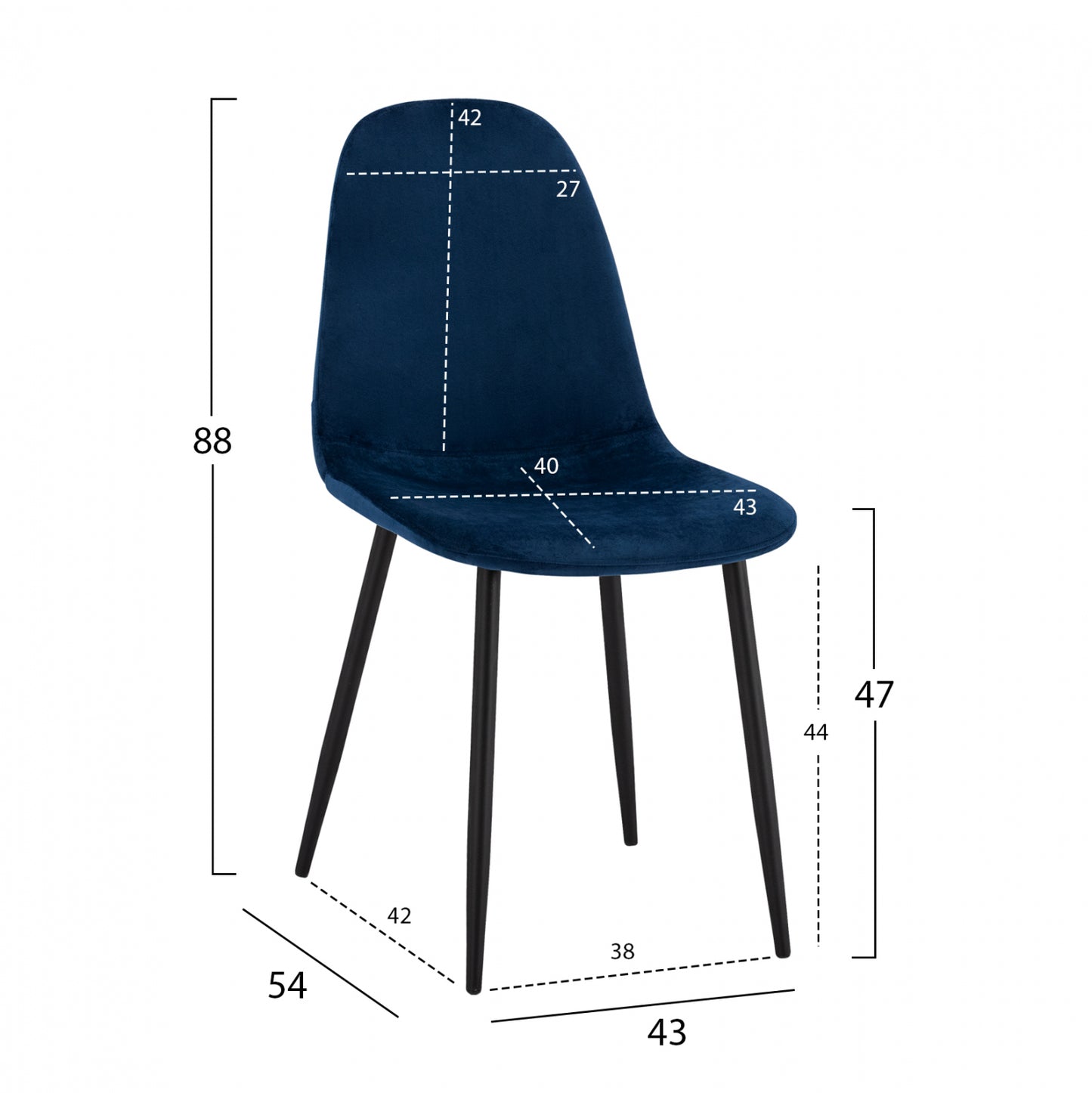 Стол Леонардо Вельур Син с Метални Ноги 43x54x88 см.