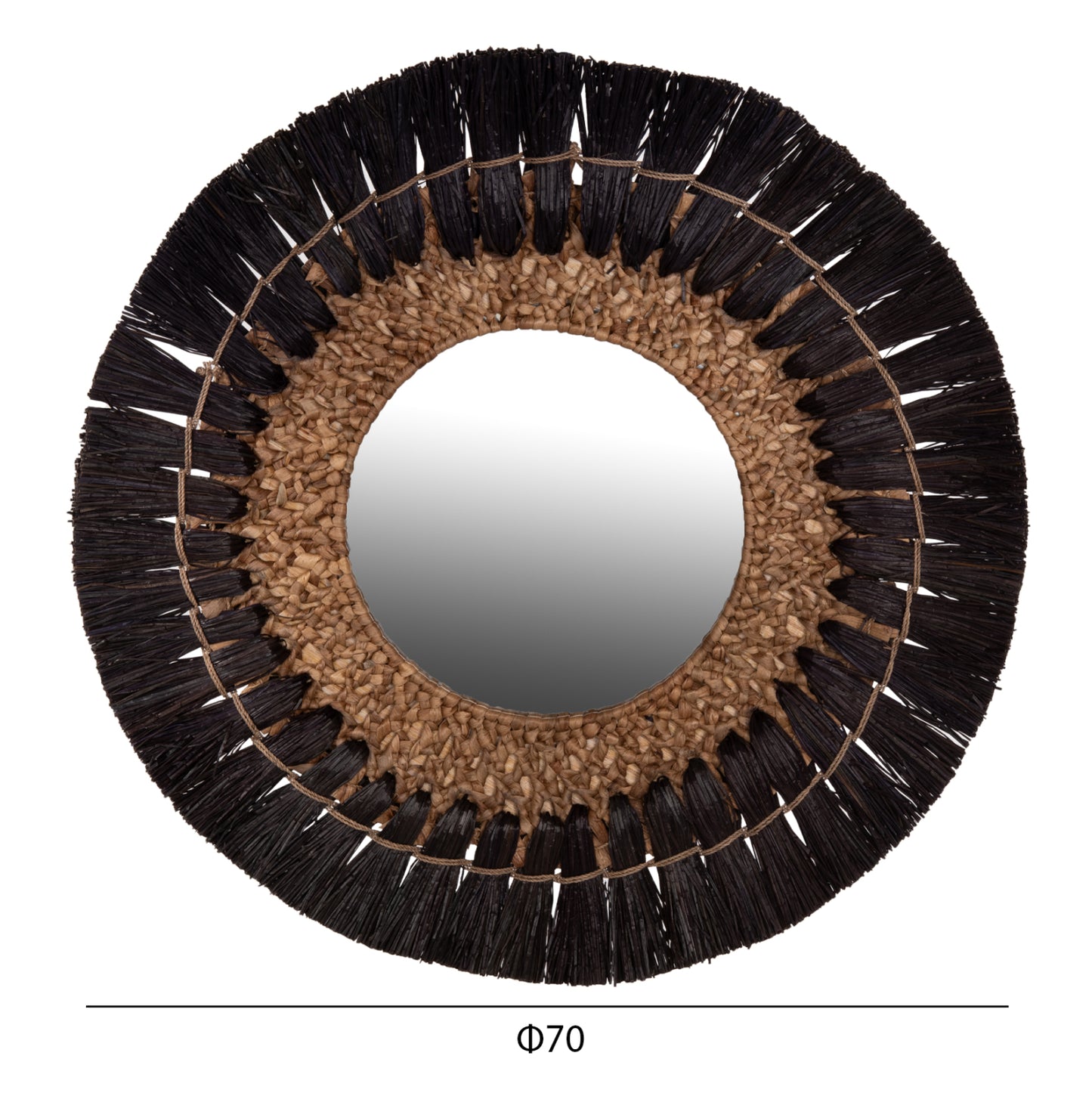 WALL MIRROR ROUND HM7832 MENDONG GRASS FRAME IN BLACK&NATURAL COLOR Φ70cm.