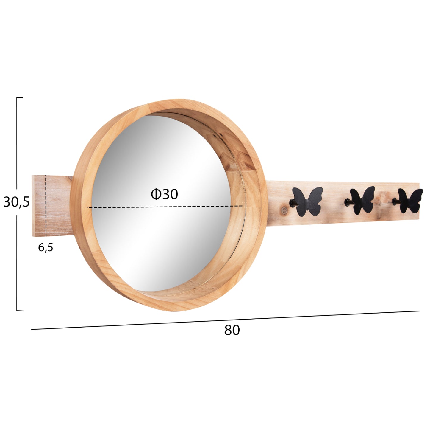 WALL MIRROR ROUND SCUTTLE HM4222 FIR WOOD & MDF-BLACK METAL 80x6,5x30,5Hcm.