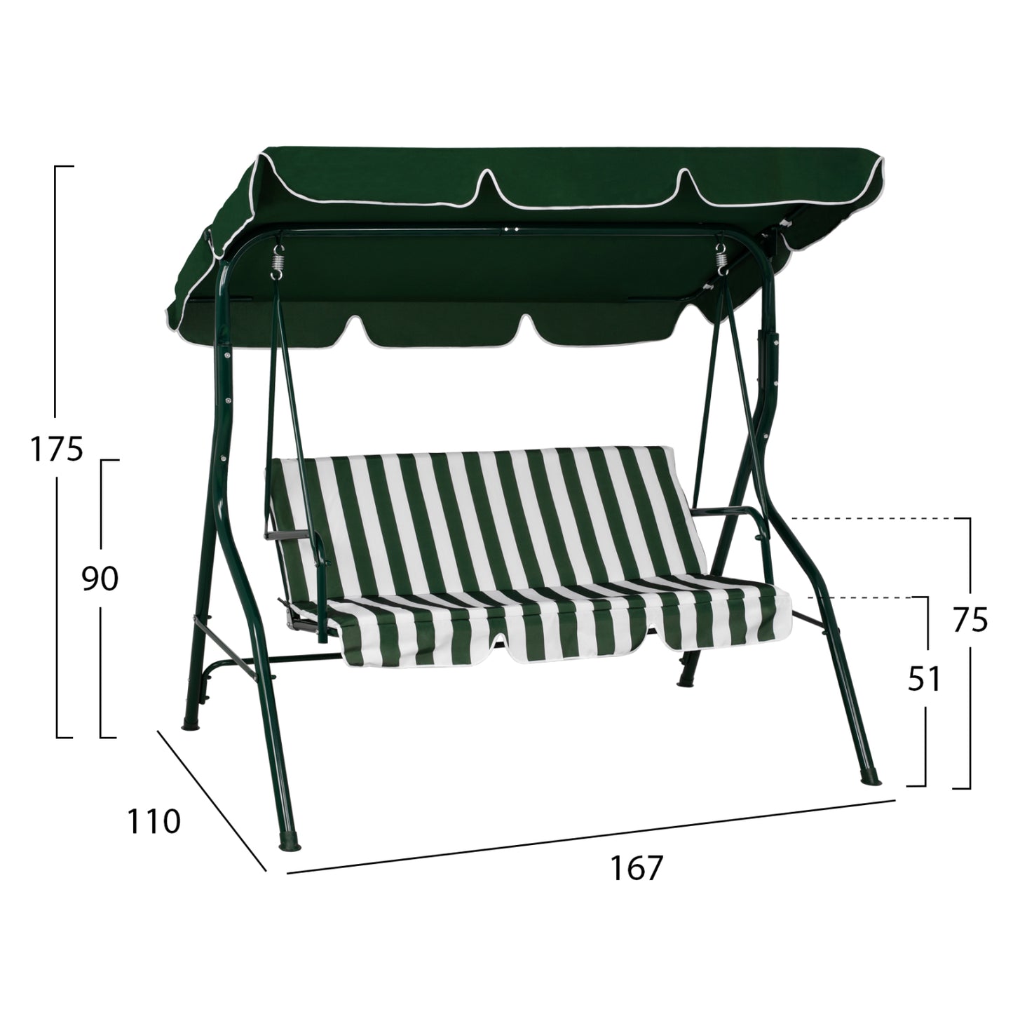 Swing 3seater HM5542 Green White Stripes Napoli 167x110x175 cm