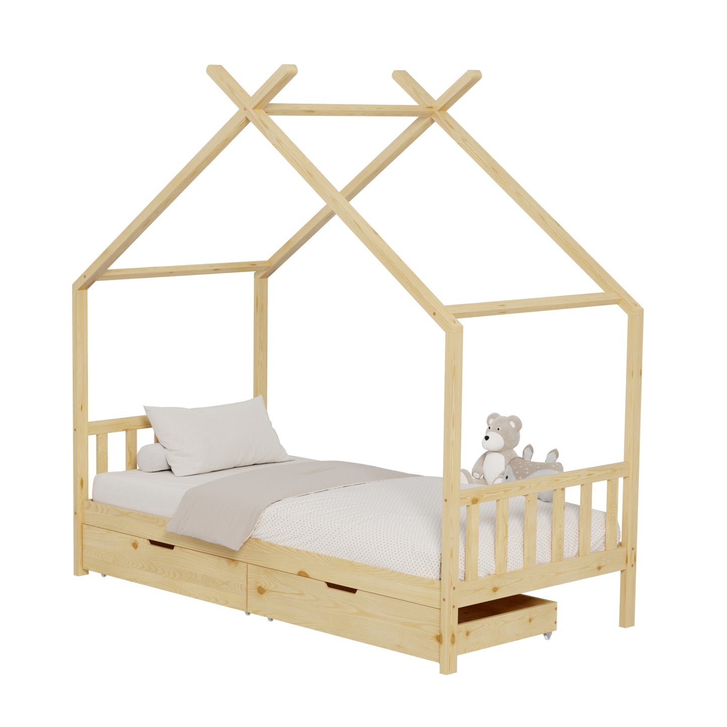 BED FOR KIDS KLARICE HM680.01 t.MONTESSORI-2 DRAWERS- SOLID PINE WOOD IN NATURAL- 190x90cm. image 1