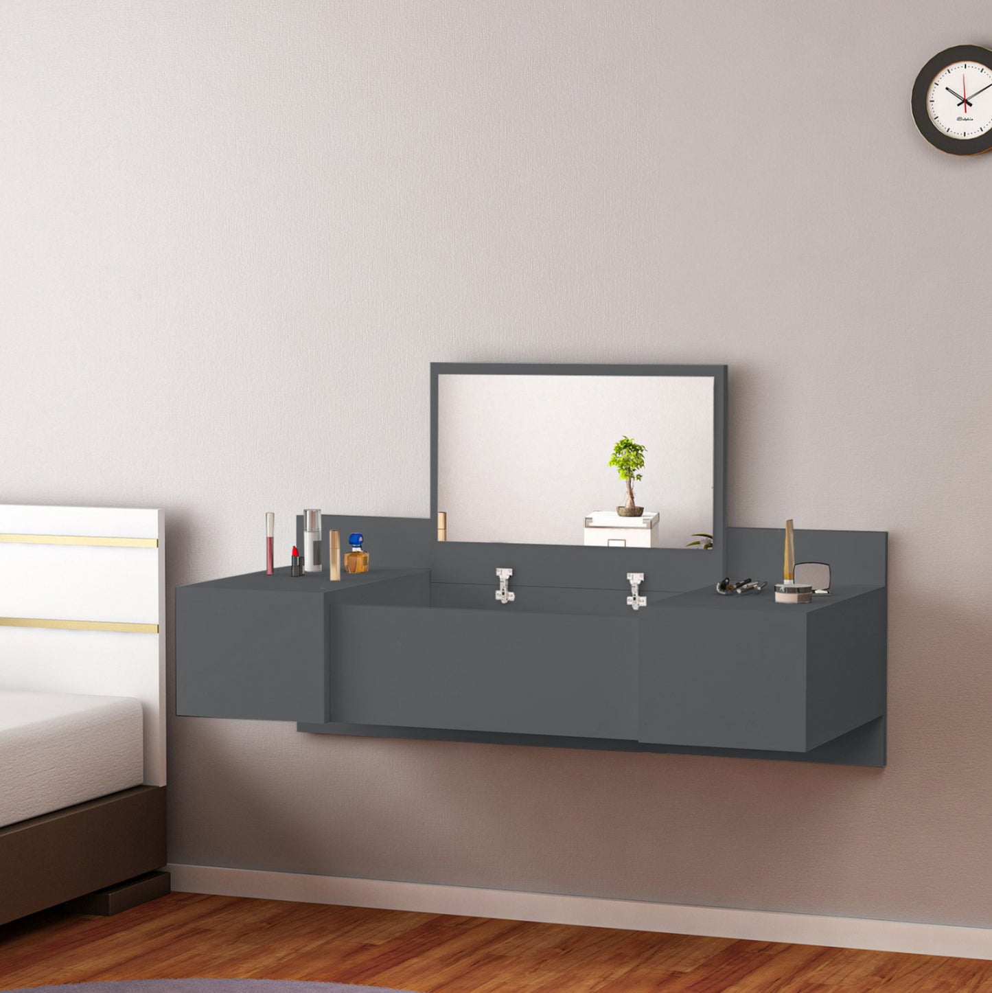 WALL MOUNTED DRESSING TABLE LINDE HM8960.12 MELAMINE IN ANTHRACITE 100x39x33Hcm. image 1