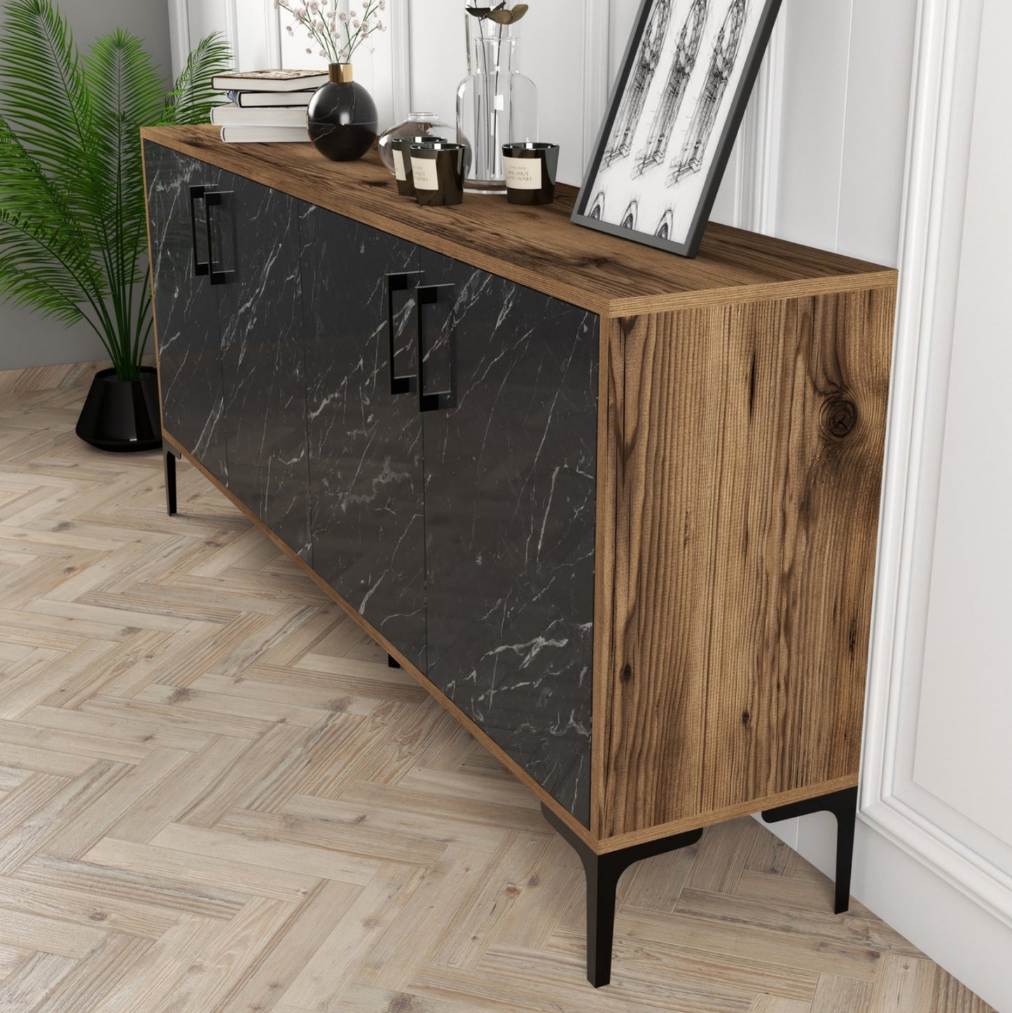 BUFFET HM9428.03 MELAMINE WALNUT WITH BLACK MARBLE-LOOK DOORS 180x35x78Hcm.