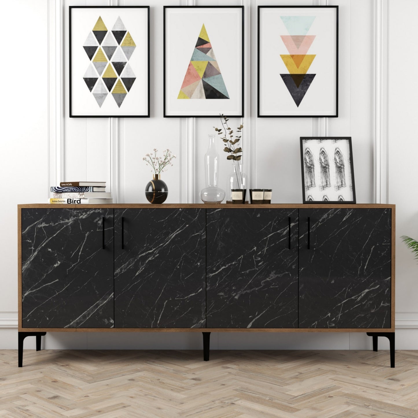 BUFFET HM9428.03 MELAMINE WALNUT WITH BLACK MARBLE-LOOK DOORS 180x35x78Hcm.