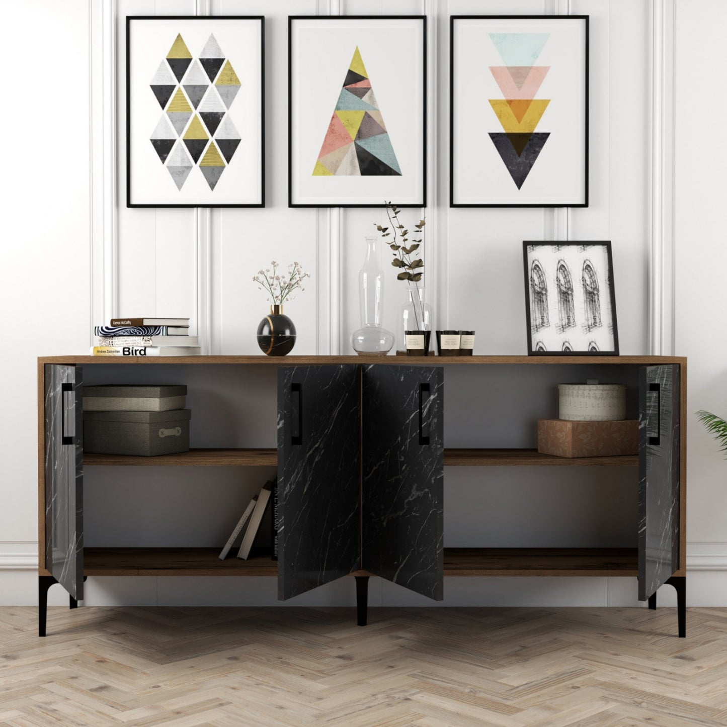 BUFFET HM9428.03 MELAMINE WALNUT WITH BLACK MARBLE-LOOK DOORS 180x35x78Hcm.