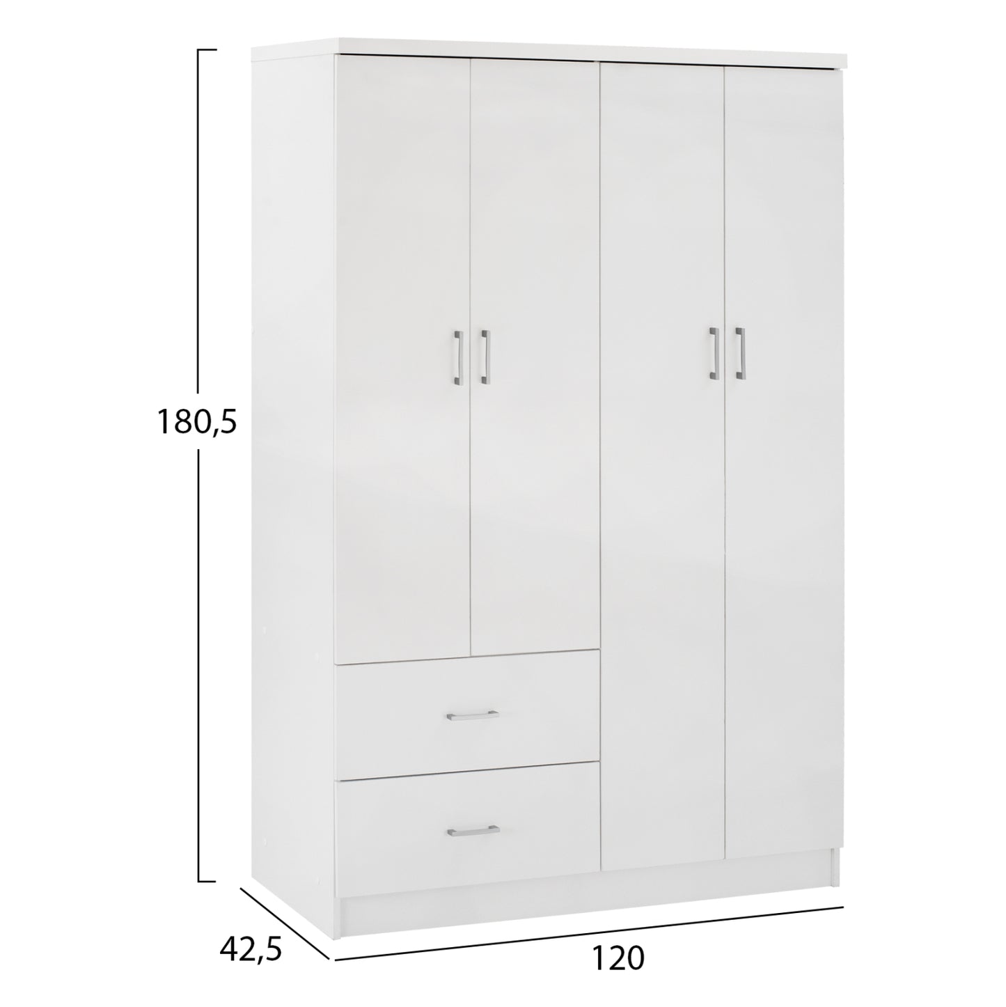 Шкаф с 4 Врати и 2 Чекмеджета в Бяло 120Χ42,5Χ180,5 см.