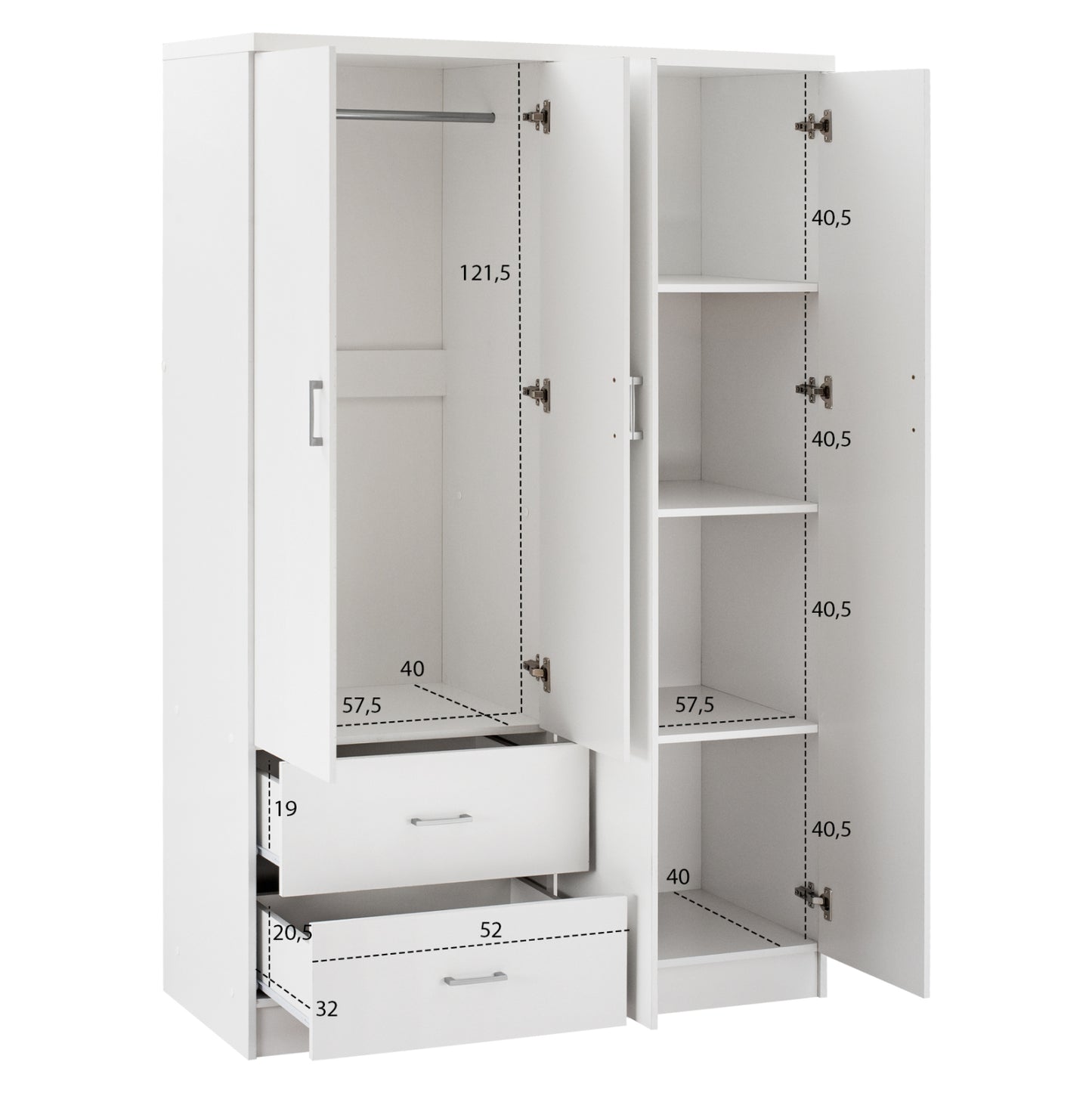 Шкаф с 4 Врати и 2 Чекмеджета в Бяло 120Χ42,5Χ180,5 см.