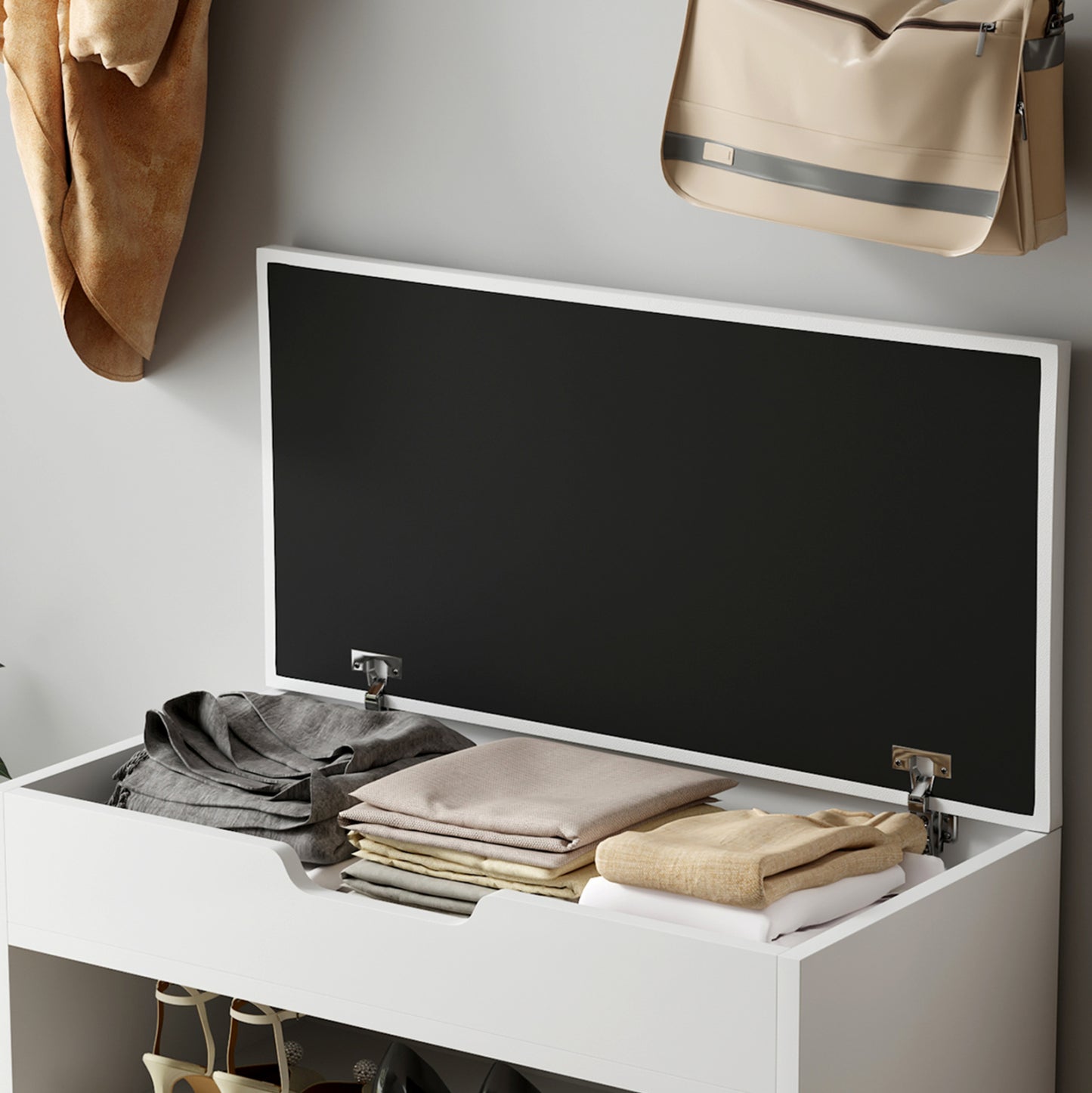 SHOE RACK WITH SEAT ROMIR HM2477.03 MELAMINE IN WHITE-WHITE PU SEAT 60x30x44Hcm.