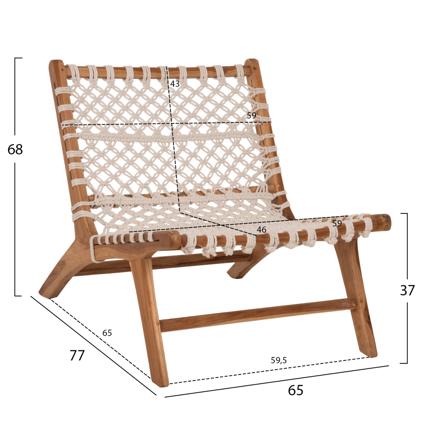 Стилен Антиб Стол от Тик Дърво и Бяла Въженца 65x78x68Hcm