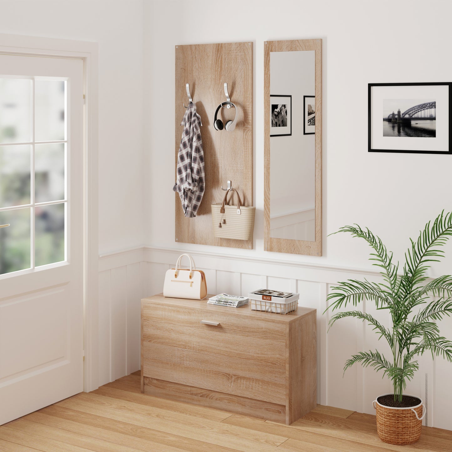 ENTRYWAY SET WITH MIRROR VERN HM2476.01 MELAMINE IN SONAMA 80x27x175Hcm.