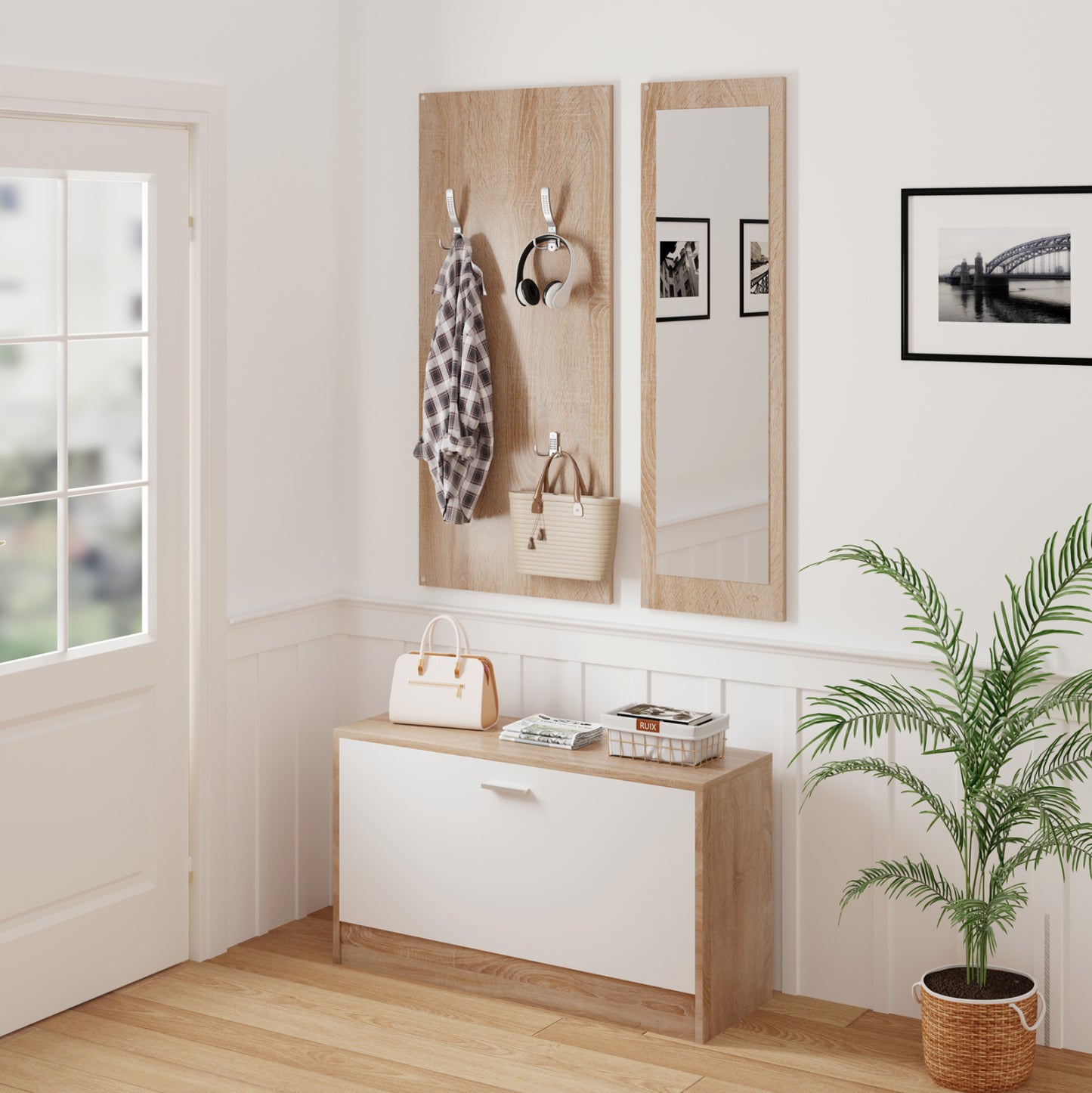 ENTRYWAY SET WITH MIRROR VERN HM2476.04 MELAMINE IN SONAMA-WHITE 80x27x175Hcm.
