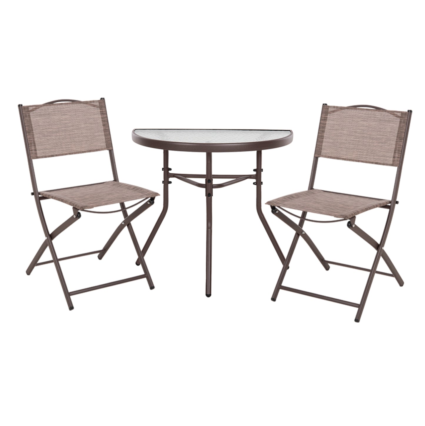 OUTDOOR DINING SET 3PCS LIMAG HM21040 METAL SEMICIRCULAR TABLE & 2 FOLDABLE CHAIRS-BROWN image 1