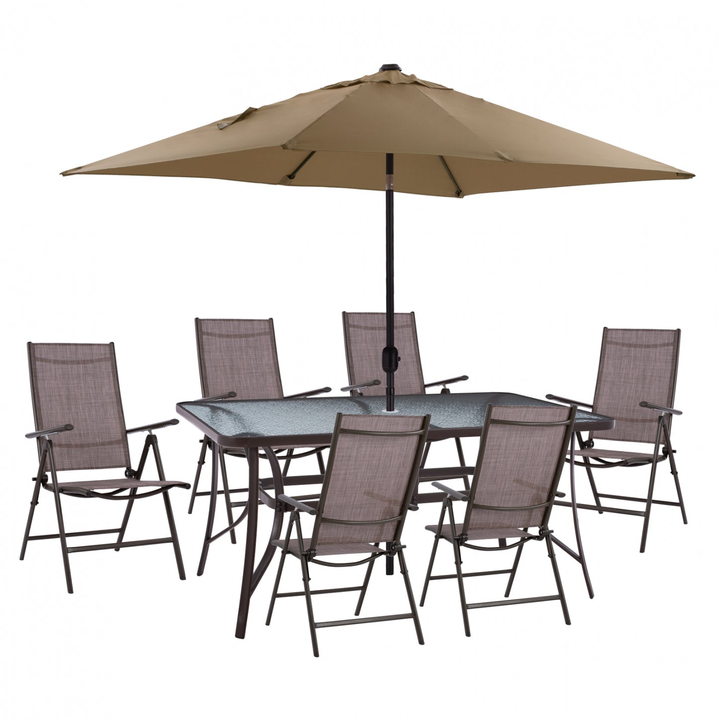 DINING SET 8PCS TABLE WITH MOCHA UMBRELLA & BROWN TEXTILINE ARMCHAIRS HM11490