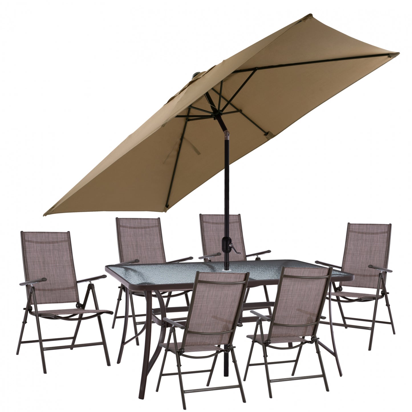 DINING SET 8PCS TABLE WITH MOCHA UMBRELLA & BROWN TEXTILINE ARMCHAIRS HM11490