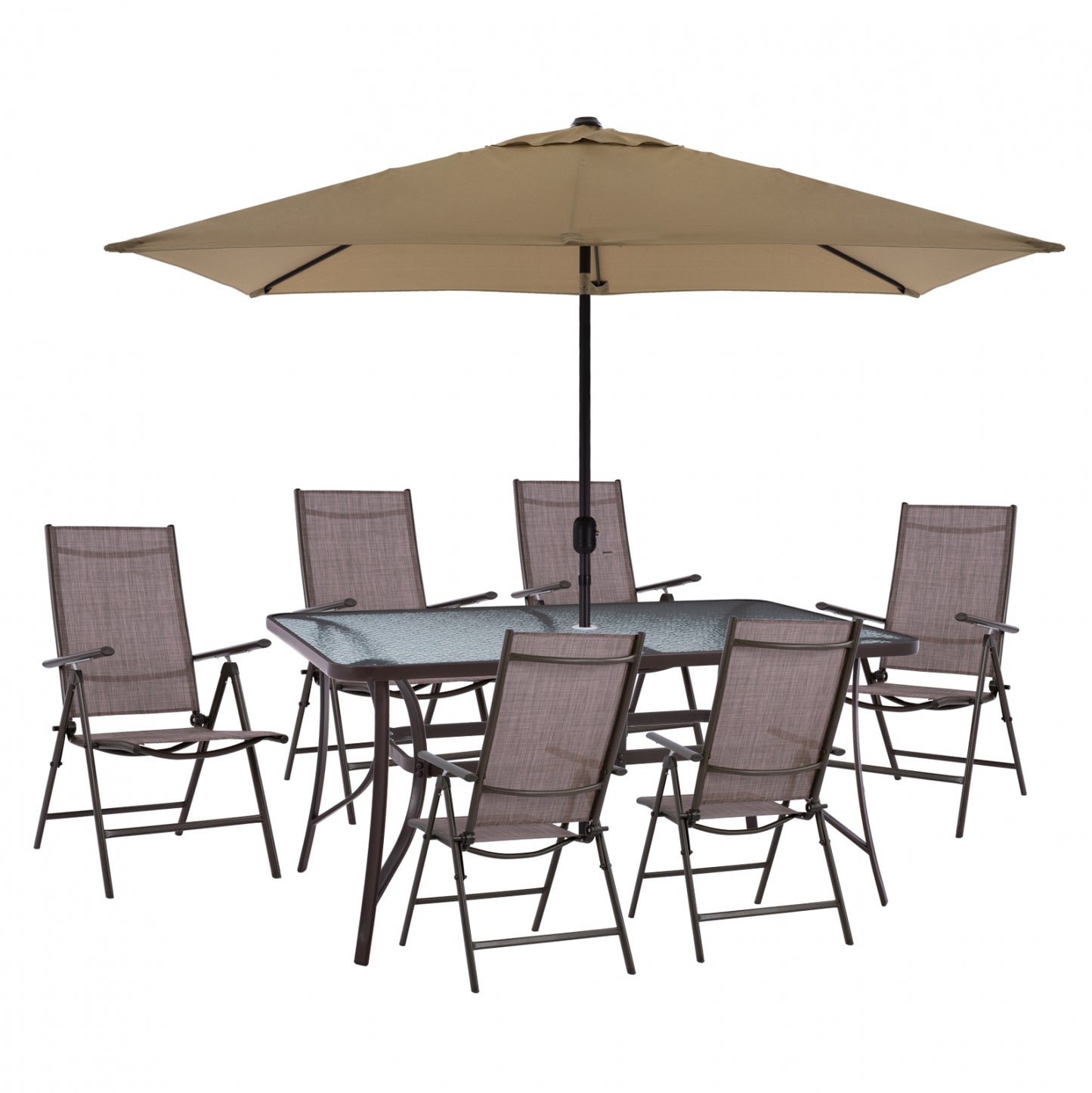 DINING SET 8PCS TABLE WITH MOCHA UMBRELLA & BROWN TEXTILINE ARMCHAIRS HM11490 image 1