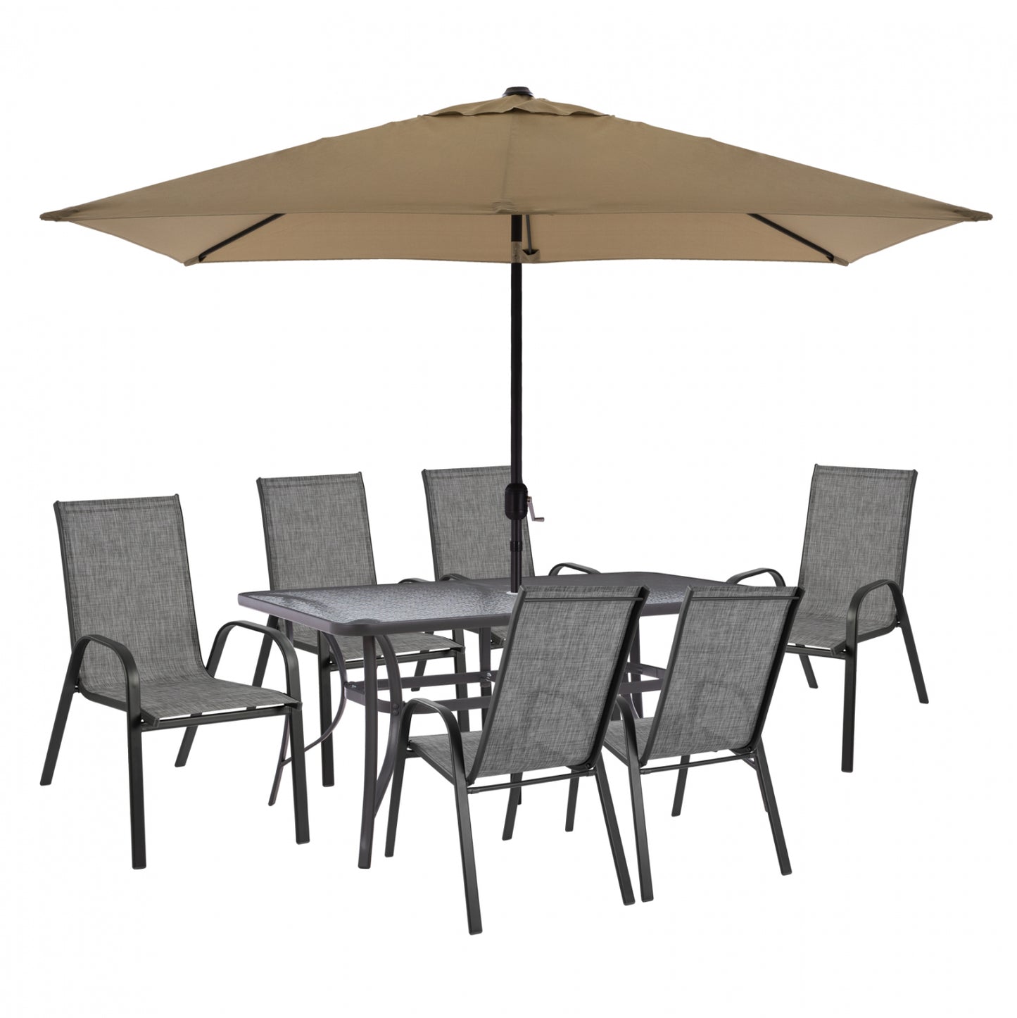 DINING SET 8PCS TABLE WITH GRAY ARMCHAIRS & MOCHA GRAY UMBRELLA HM11473 image 1