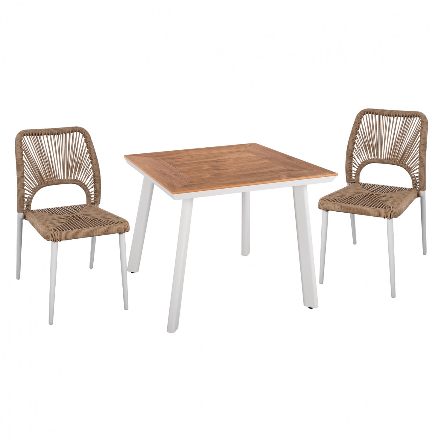 DINING SET 3PCS WHITE TABLE 80x80 AND CHAIR WITH ROPE HM11536.01 image 1