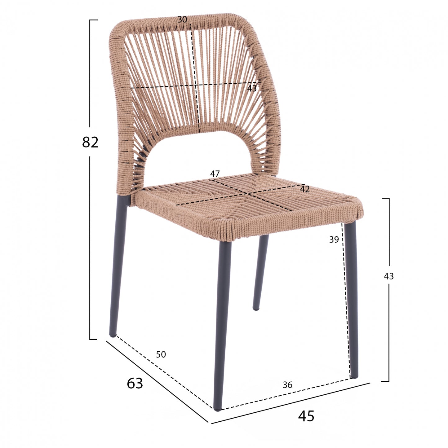 DINING SET 4 PCS CHARCOAL TABLE 120x80 AND CHAIR WITH ROPE HM11534.02