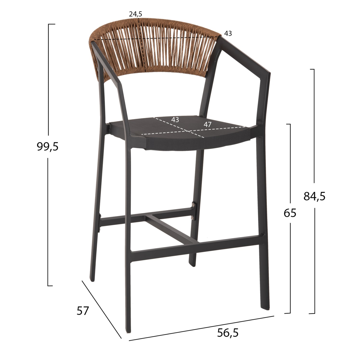 BAR STOOL ALUMINUM ANTHRACITE HM5892.11 MEDIUM HEIGHT WITH ARMS-RATTAN&TEXTLINE 55x56.5x99Hcm.