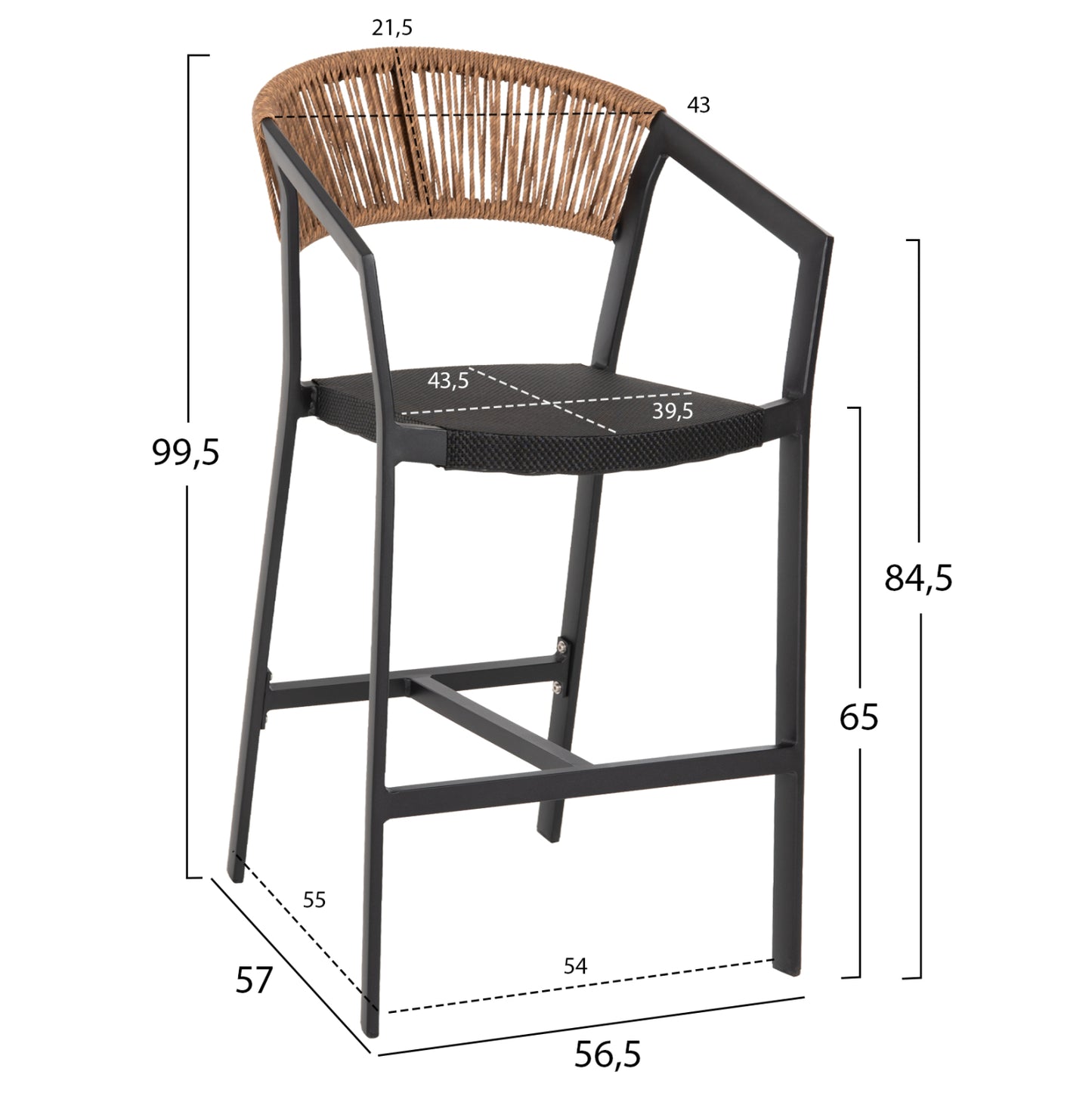 BAR STOOL ALUMINUM BLACK HM5892.15 MED.HEIGHT BLACK TEXTLINE&BEIGE RATTAN 55x56.5x99Hcm.