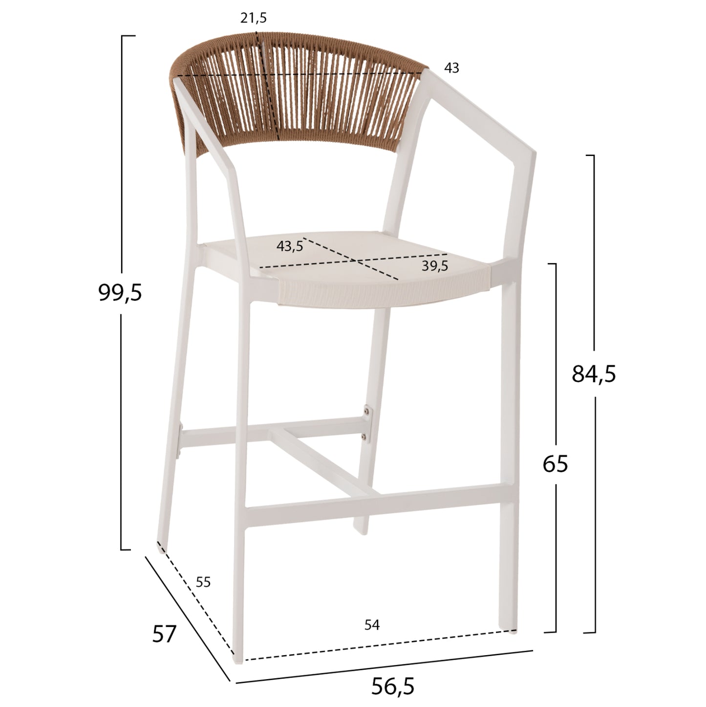 BAR STOOL ALUMINUM WHITE HM5892.12 MEDIUM HEIGHT WITH ARMS-RATTAN&TEXTLINE 55x56.5x99H.
