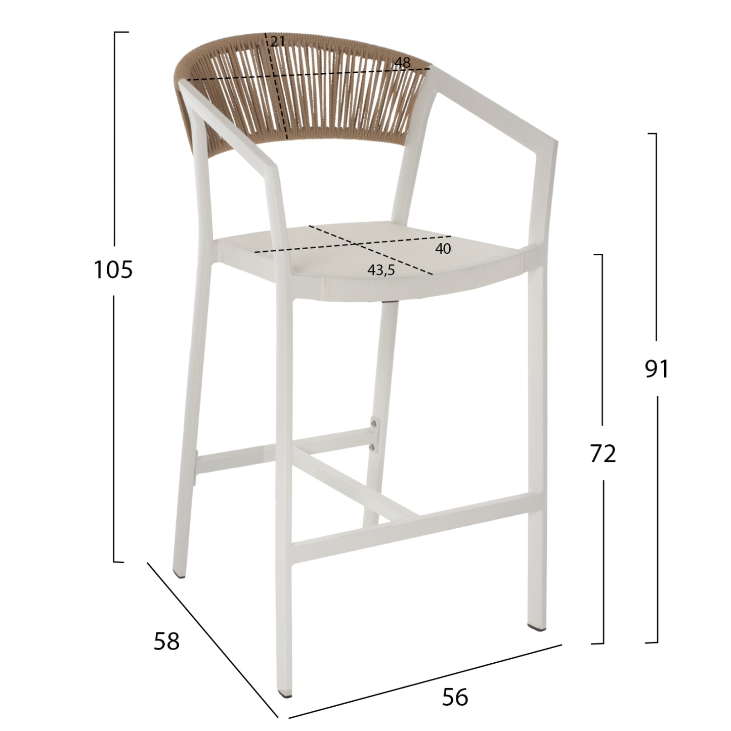 BAR STOOL ALUMINUM WITH ARMS WHITE PE RATTAN BACK TEXTLINE SEAT 56x58x105Hcm.HM5892.02