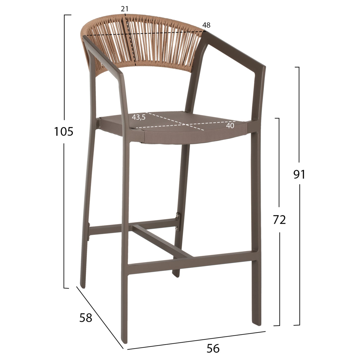 BAR STOOL ALUMINUM WITH ARMS CHAMPAGNE PE RATTAN TEXTLINE WHITE 56x58x105Hcm.HM5892.03