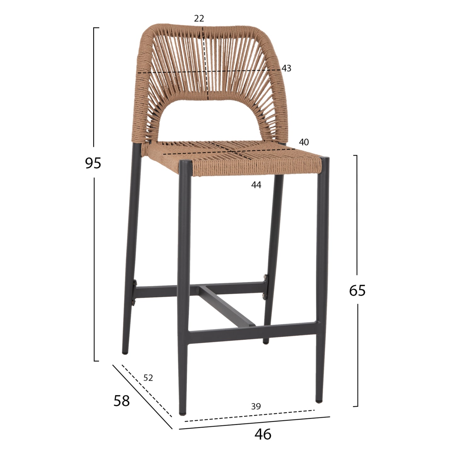 BAR STOOL MEDIUM HEIGHT NOJO HM5920.02 ANTHRACITE ALUMINUM--BEIGE SYNTHETIC RATTAN 40x55.5x99Hcm.