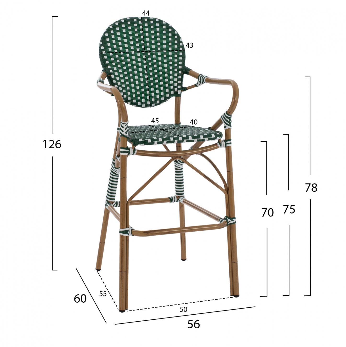 ALUMINUM STOOL BAMBOO LOOK WITH WICKER GREEN WHITE HM5794.01 56x60x126 cm.