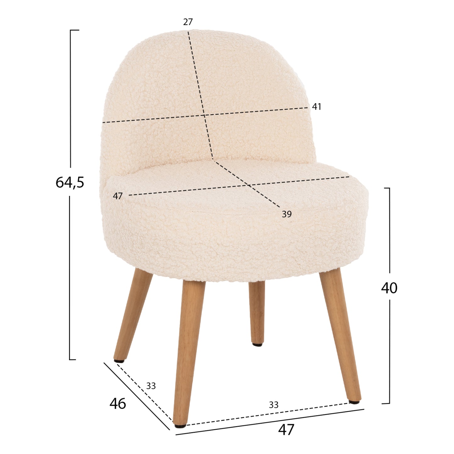 STOOL YASMINE HM8395.23 LOW BACKREST- BOUCLE FABRIC IN WHITE COLOR-WOODEN LEGS 47x46x64,5Hcm.