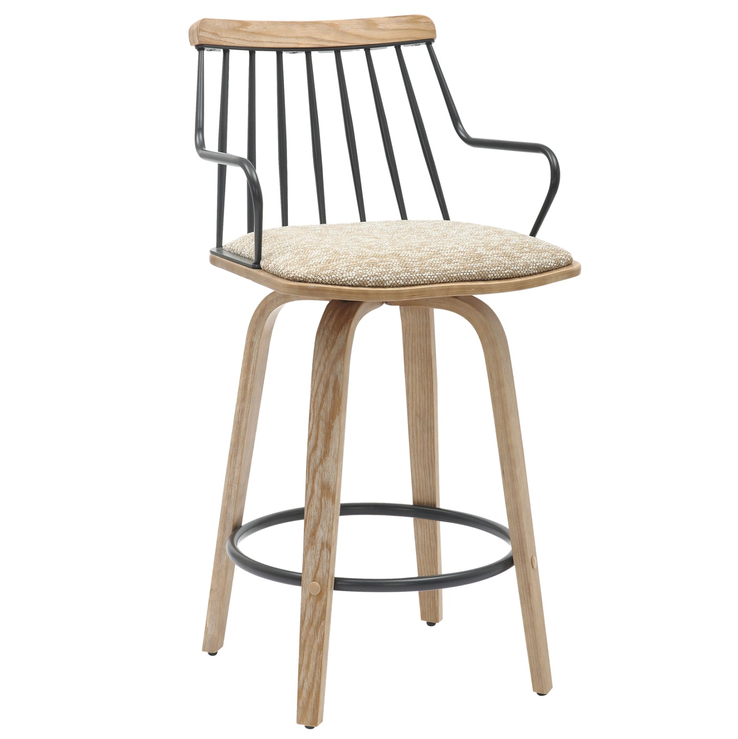 BAR STOOL JUDI HM9985.01 PLYWOOD IN WHITEWASH-BLACK METAL-BEIGE FABRIC 48x52x92Hcm. image 1