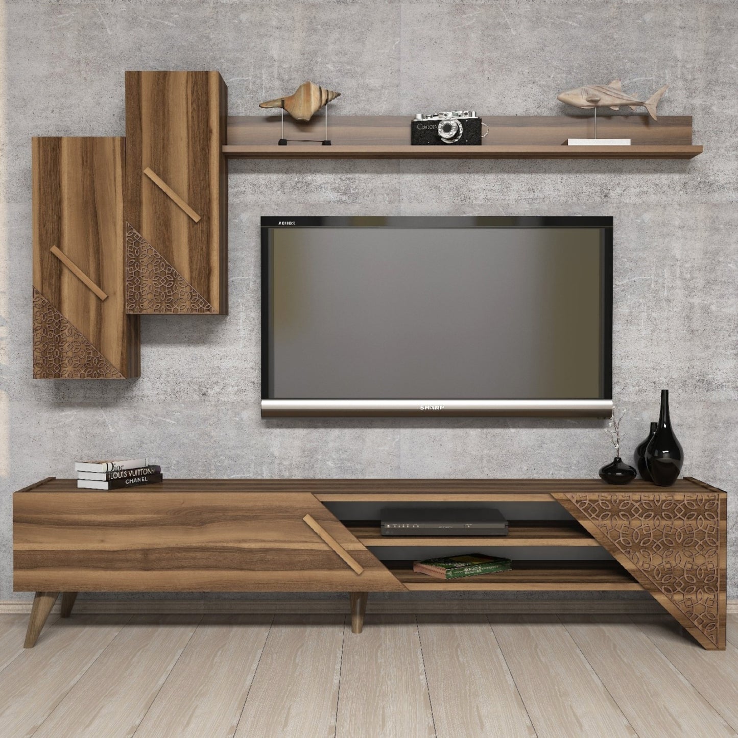 TV COMBO FURNITURE HM9514.02 MELAMINE IN WALNUT COLOR 180x37x40Hcm