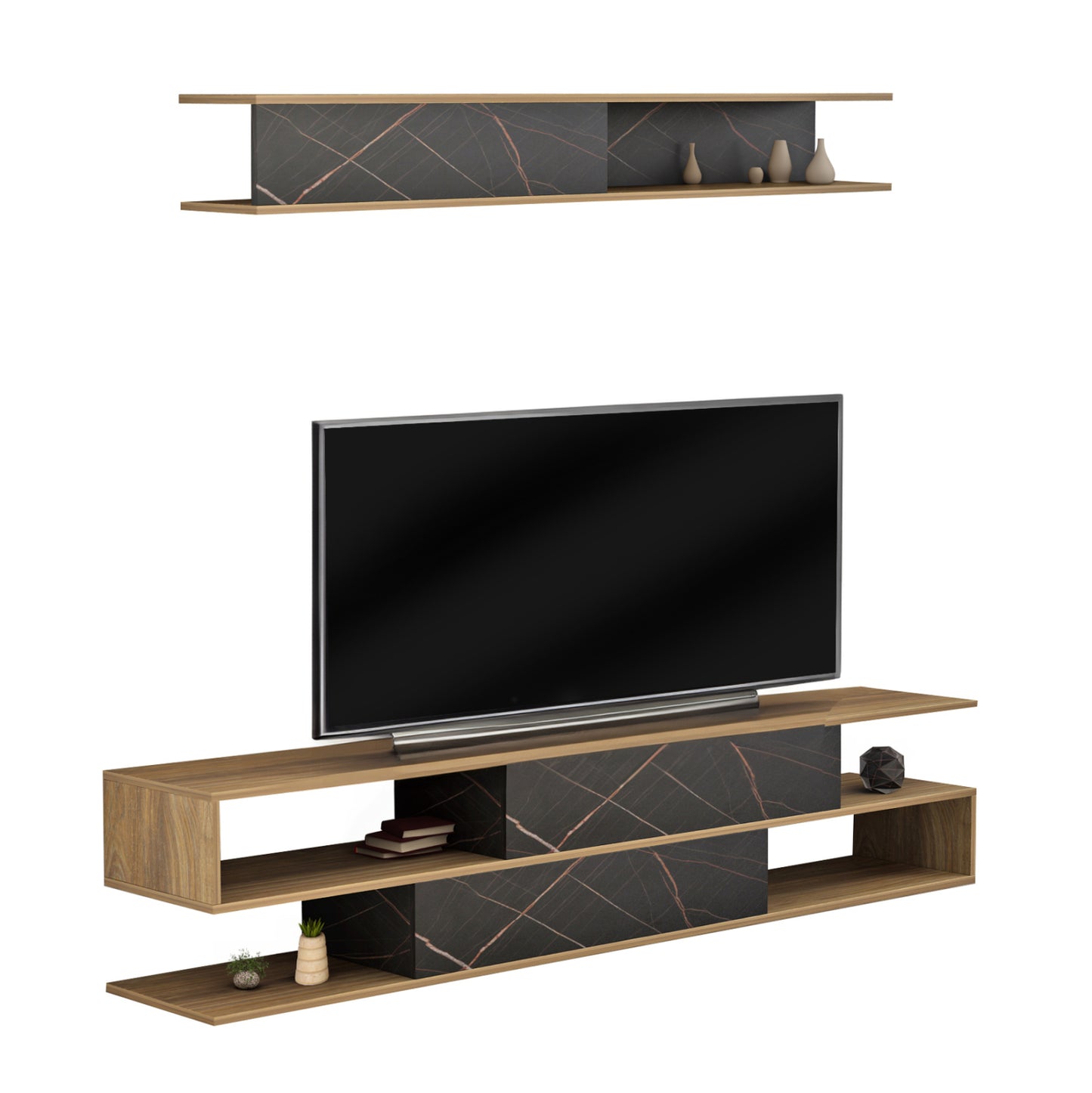 TV FURNITURE SET BIRGITTA HM8903.12 MELAMINE IN NATURAL-BLACK MARBLE 181x31,5x39,6Hcm. image 1