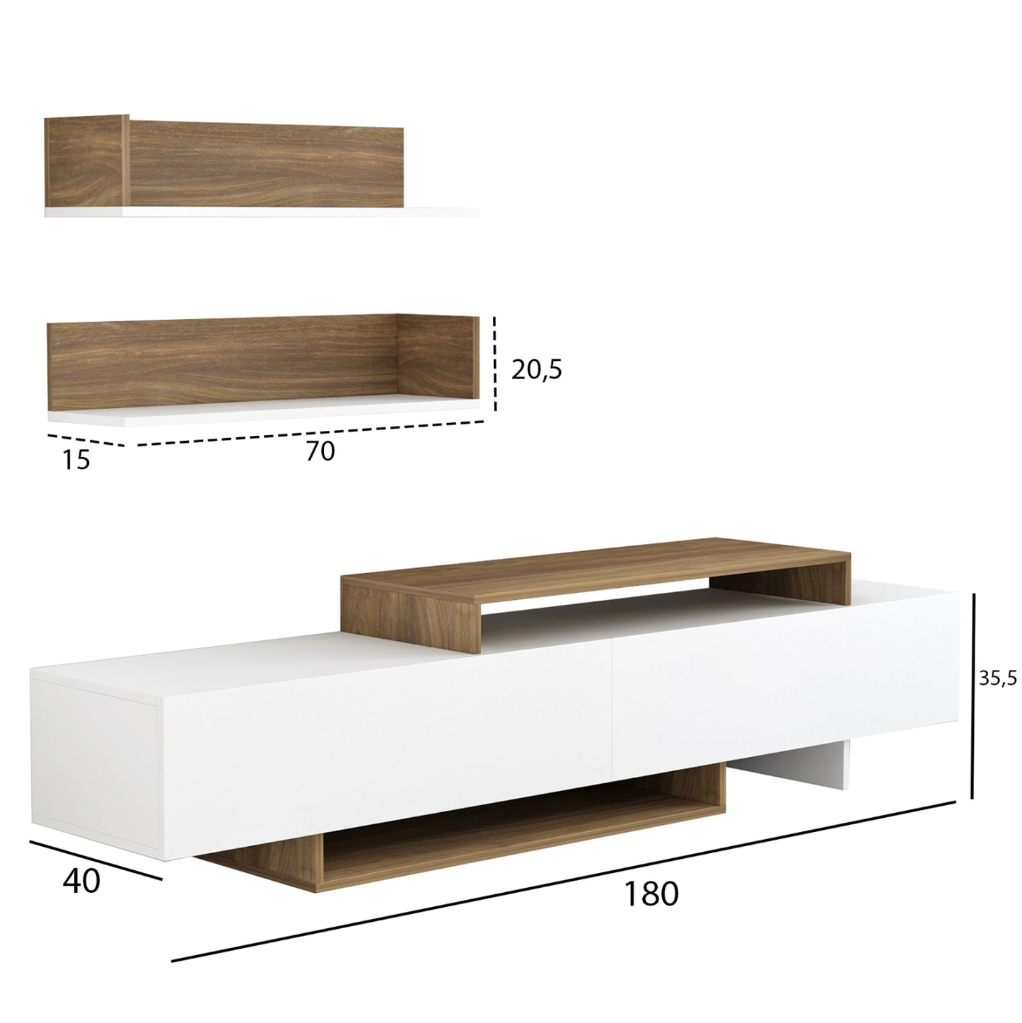 TV FURNITURE SET EDUARDO HM8909.12 MELAMINE IN WHITE-NATURAL 180x29,5x45Hcm.