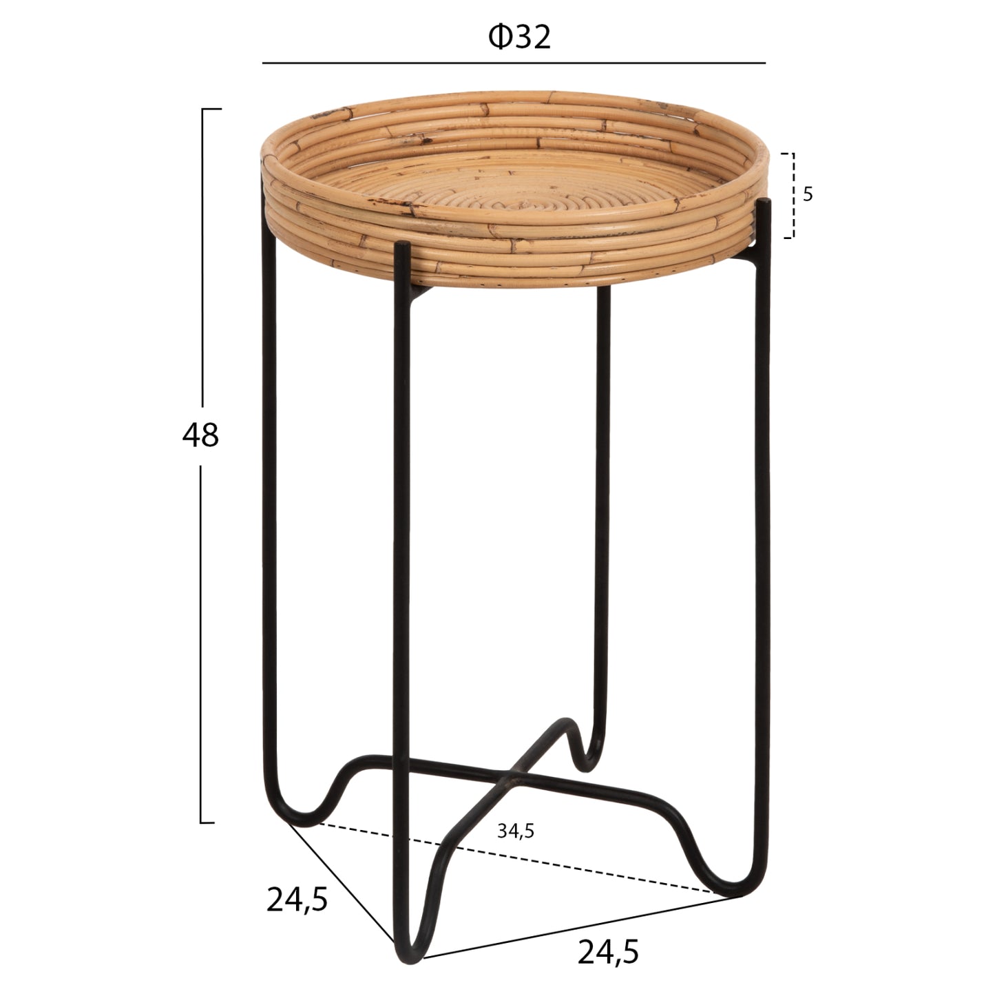 Кръгла Страна Маса FLY от Ратан с Черна Метална Ос Φ32x48Hcm
