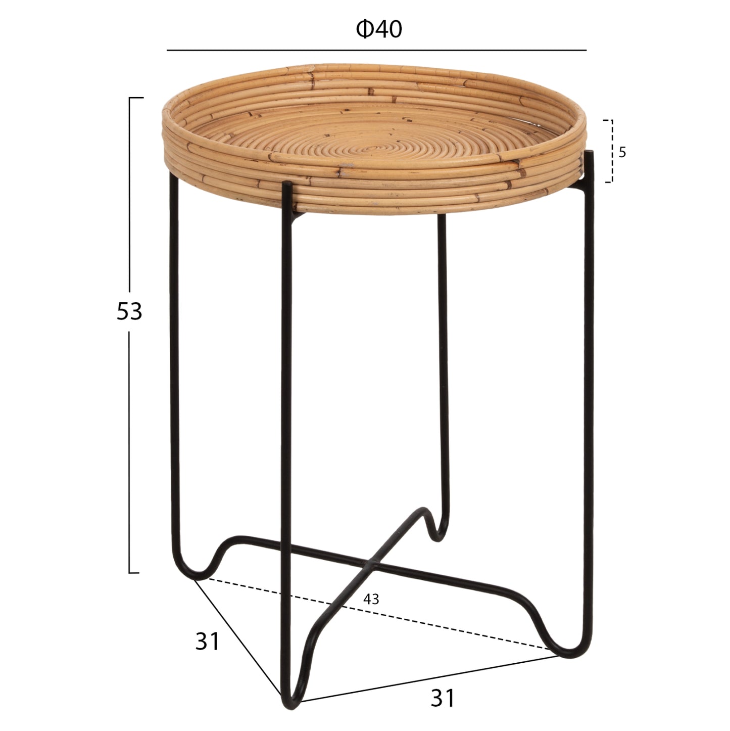 Кръгла Странична Маса FLY от Ратан с Метален Основи Φ40x53Hcm