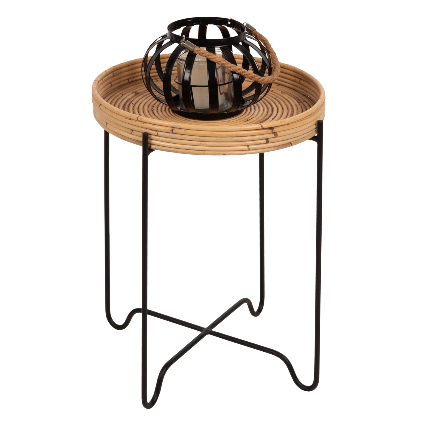 ROUND SIDE TABLE FLY HM7906 RATTAN IN NATURAL COLOR-BLACK METAL BASE Φ40x53Hcm. image 1
