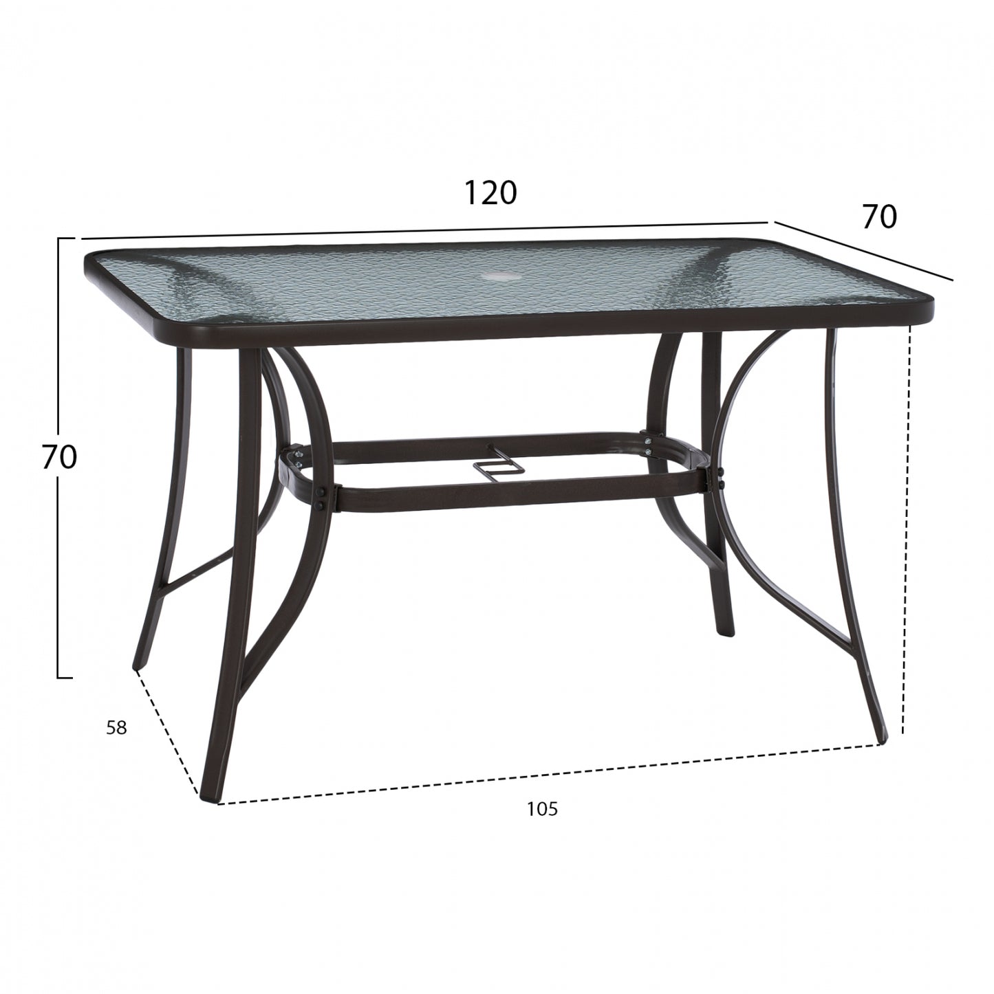 OUTDOOR TABLE BROWN METAL GLASS TOP WITH UMBRELLA HOLE 120Χ70Χ72Hcm.HM5021.12