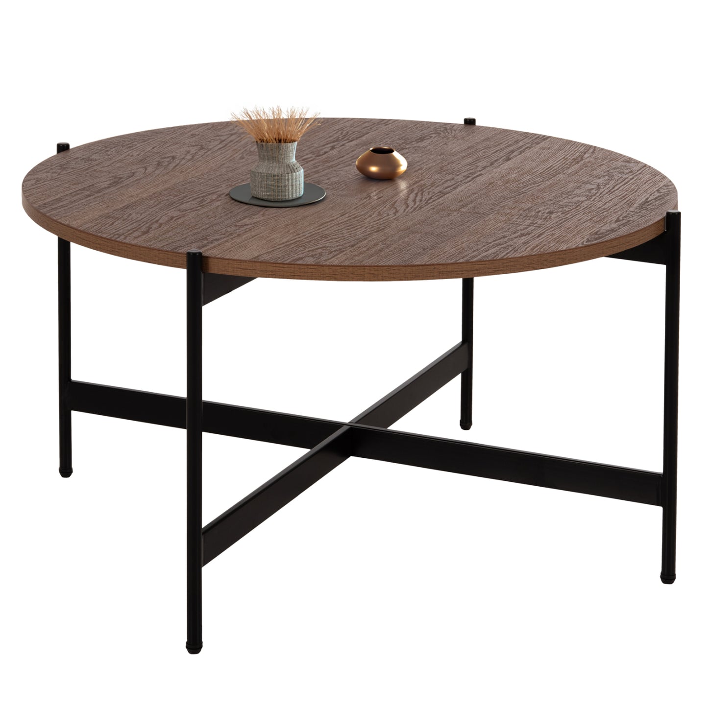 COFFEE TABLE HM9588.04 MDF WHITE WALNUT TABLETOP-BLACK METAL BASE Φ80x45Hcm. image 1
