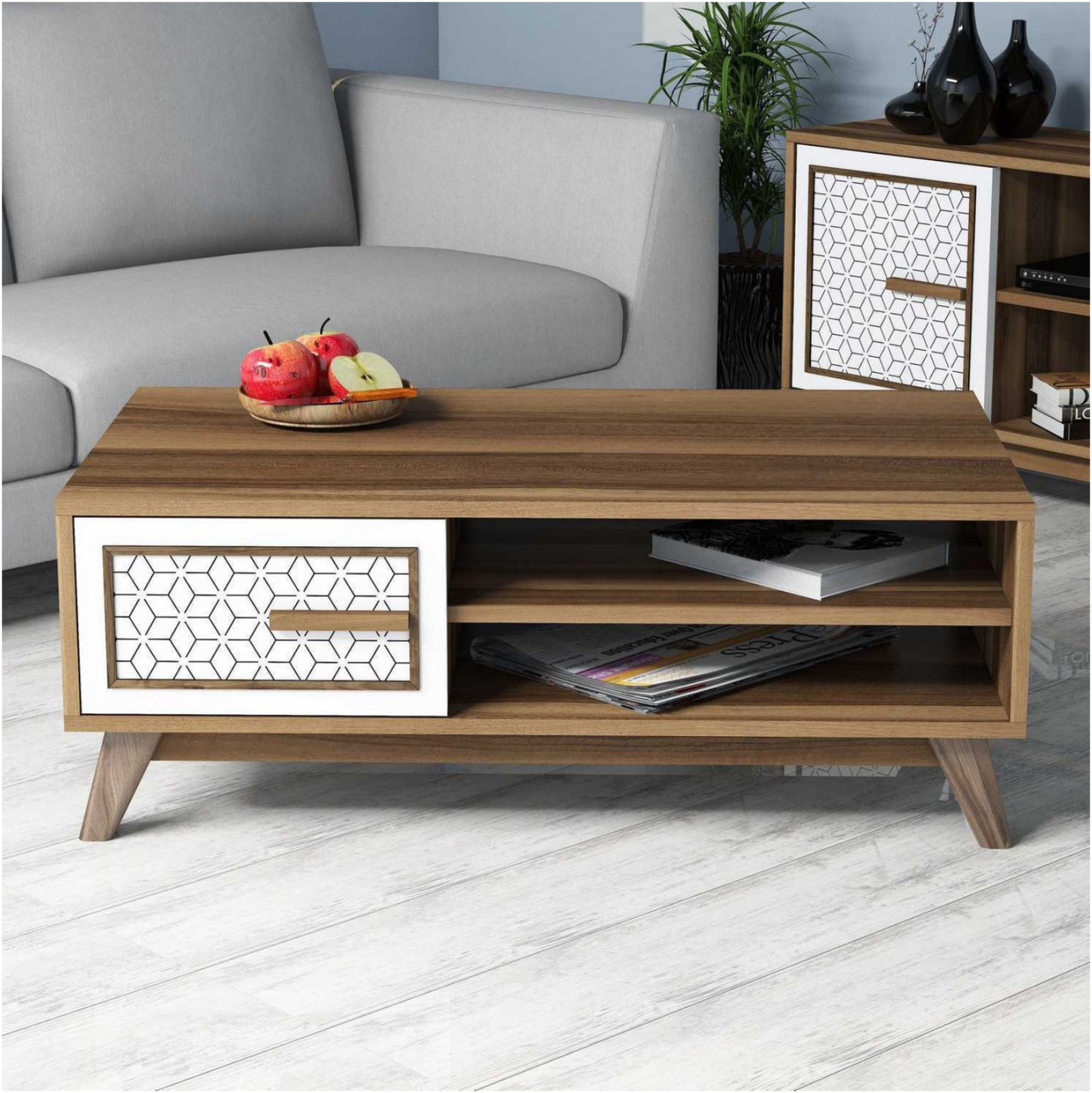 Кафе маса от меламин в орехов цвят с бяла вратичка 105x60x38,2Hcm